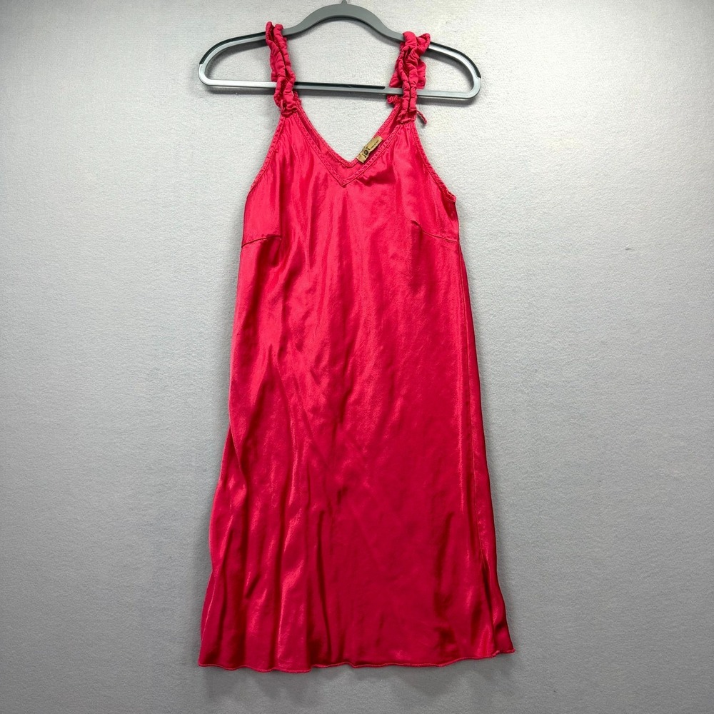 JOT Short Slip Dress Womens Red Satin Viscose Ruffle Shoulder Straps Deep V-Neck